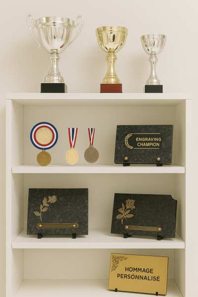 Boutique spécialisée dans la gravure sur métal et plastique pour médaille, coupe, plaque de cimetière, plaque personnalisée sur Fécamp 76